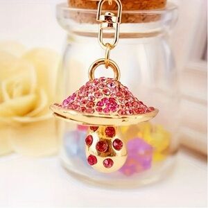 Mushroom Bag Charm Keychain with Key Ring for Purse Handbag Pink Rhinestone New
